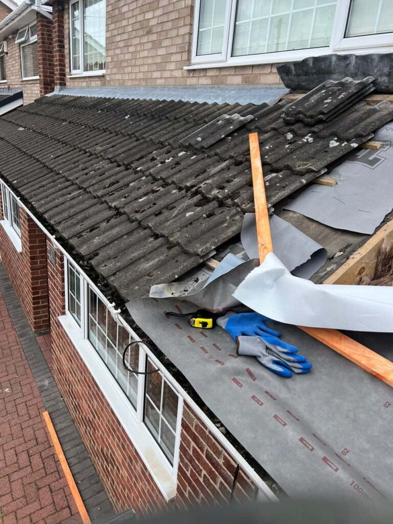 This is a photo of a pitched roof which is being repaired. The existing roof was leaking badly. Works carried out by Caterham Roofing Repairs